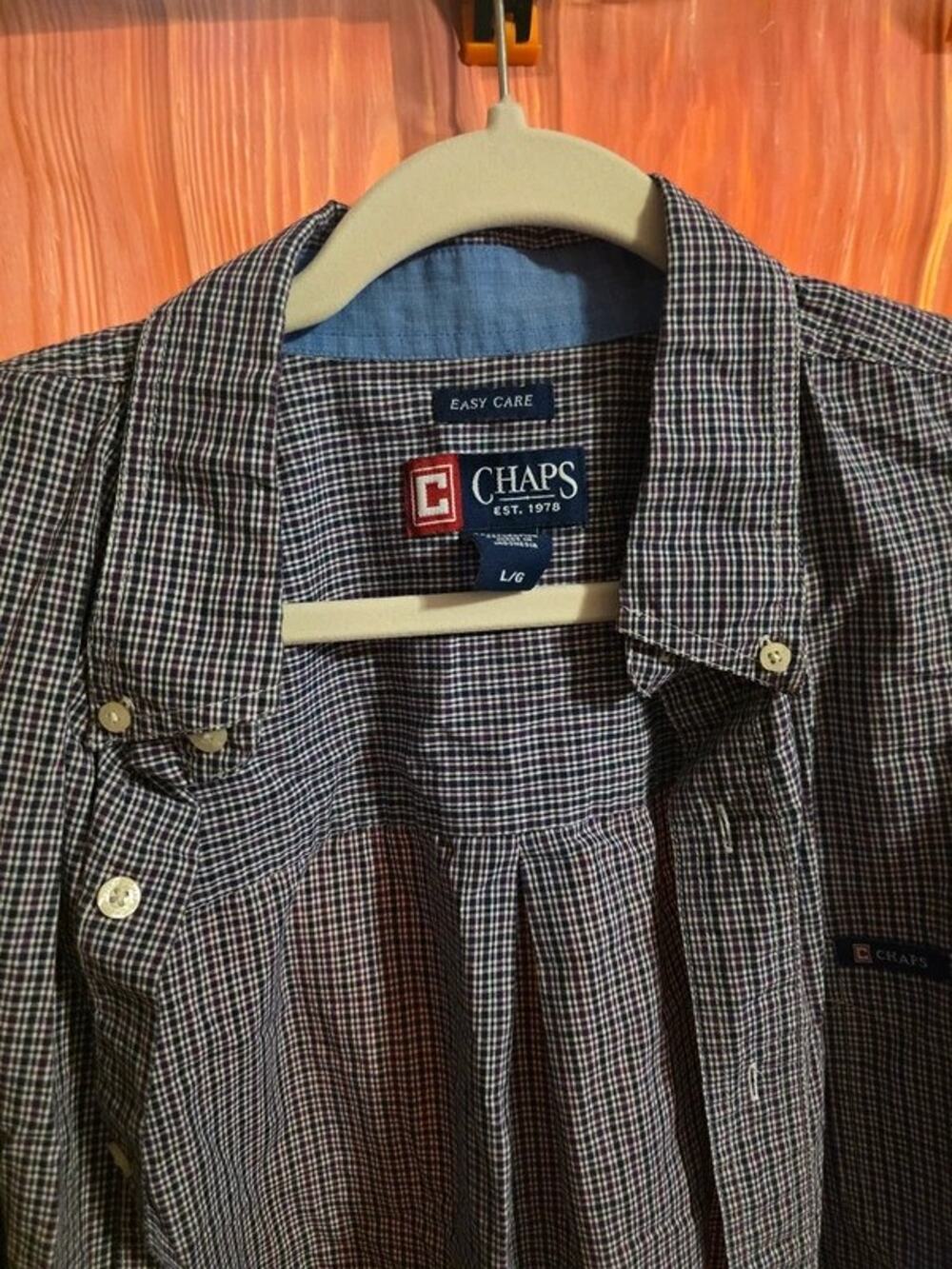 Chaps Mens Large Easy Care Button Down Shirt Long Sleeve Navy Purple Gingham